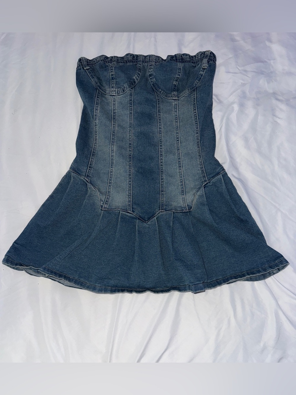 SHEIN Medium Wash Strapless Denim Corset Mini Dress Flared Pleated Hem S